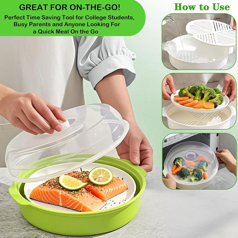 Bigwinyep Microwave Steamer for Vegetables, Plastic Microwave Vegetable Steamer with Lid for Vegetables Prep Seafood Fish Cooking, Green-Round, 10Inch - Image 5