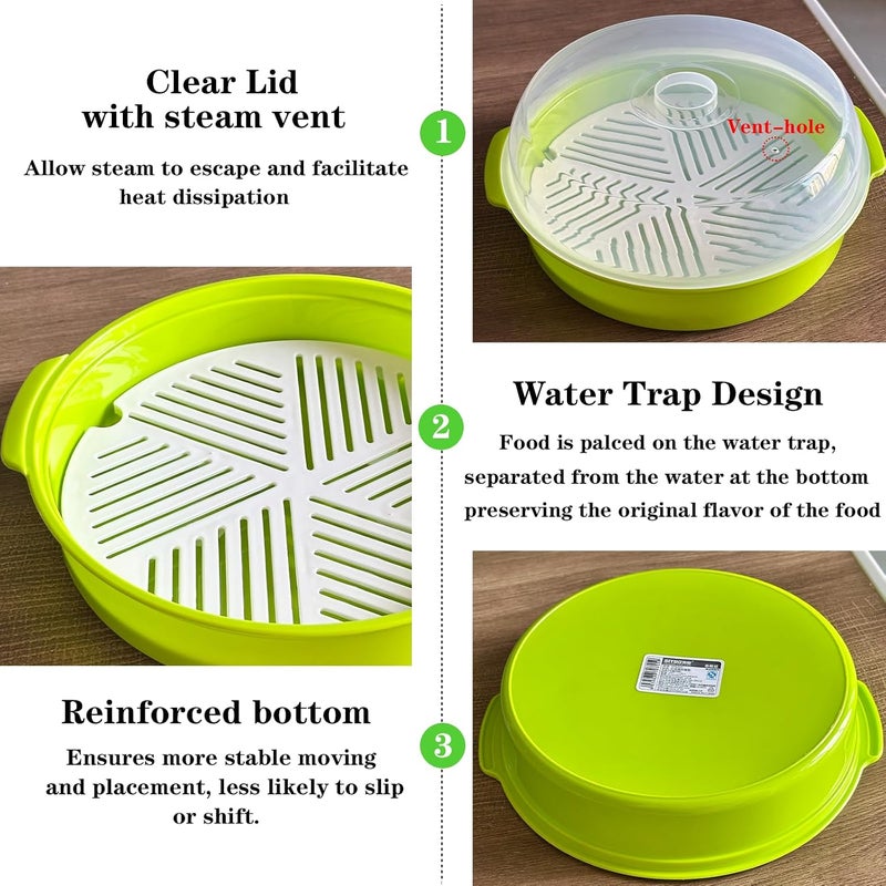 Bigwinyep Microwave Steamer for Vegetables, Plastic Microwave Vegetable Steamer with Lid for Vegetables Prep Seafood Fish Cooking, Green-Round, 10Inch - Image 4