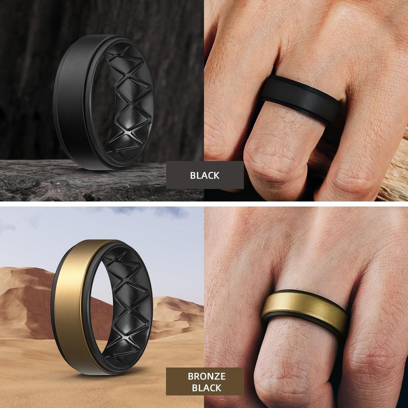 Egnaro Silicone Rings for Men 1/4/6 Multipack of Breathable Mens Silicone Rubber Wedding Rings Bands - Step Edge - Image 4