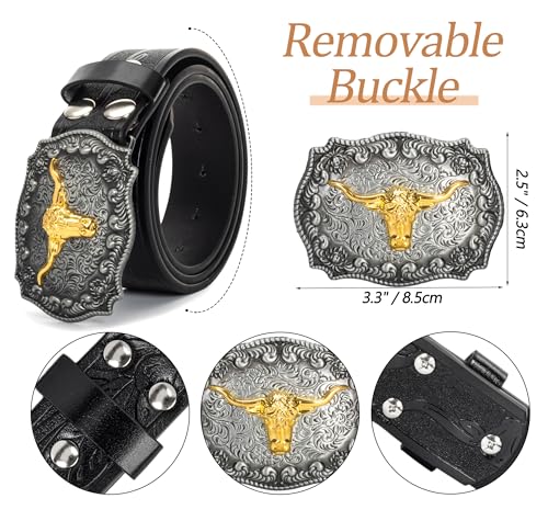 Mawjom Western Cowboy PU Leather Belt - Men Waist Strap Bull Decoration Floral Engraved for Jeans 25" to 30" Waist - Image 2
