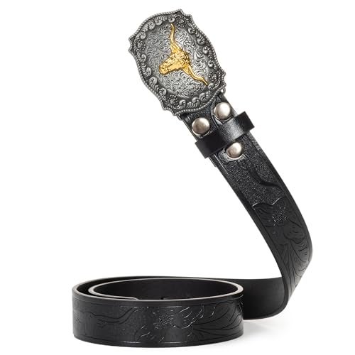 Mawjom Western Cowboy PU Leather Belt - Men Waist Strap Bull Decoration Floral Engraved for Jeans 25" to 30" Waist - Image 5
