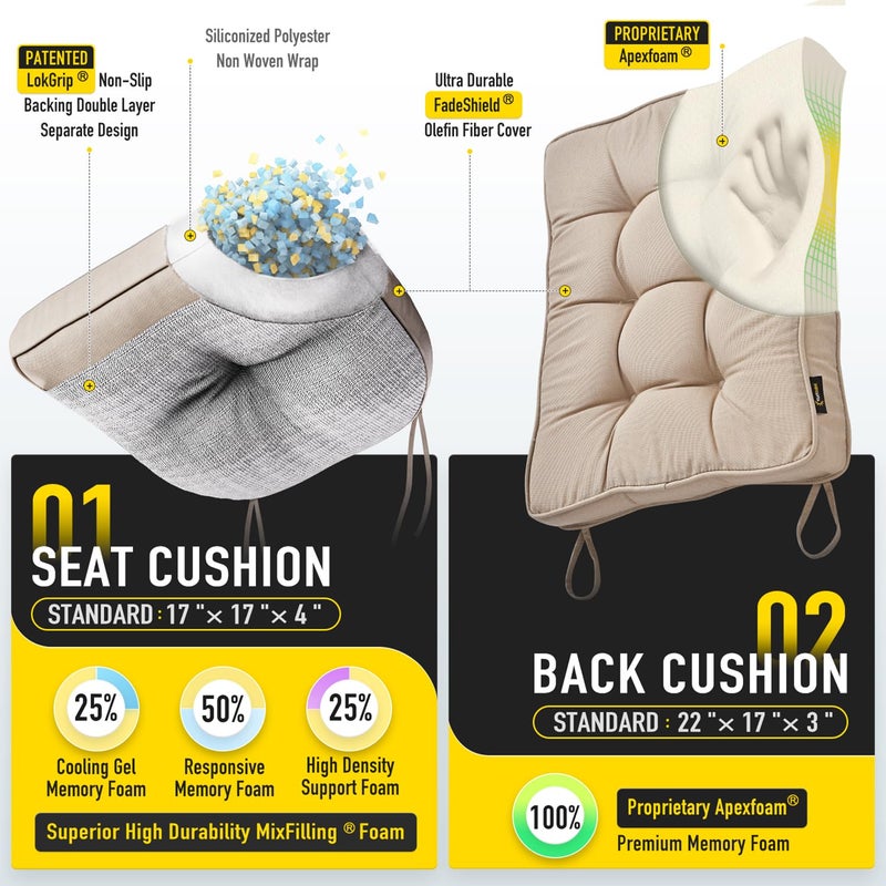 SUNROX Memory Foam Non Slip Rocking Chair Cushion, FadeShield Water Resistant Thicken Durable Tufted Pads, Set of Seat & Back Cushion with Ties for Indoor/Outdoor Rocker, 2 Piece, Husk Birch - Image 2