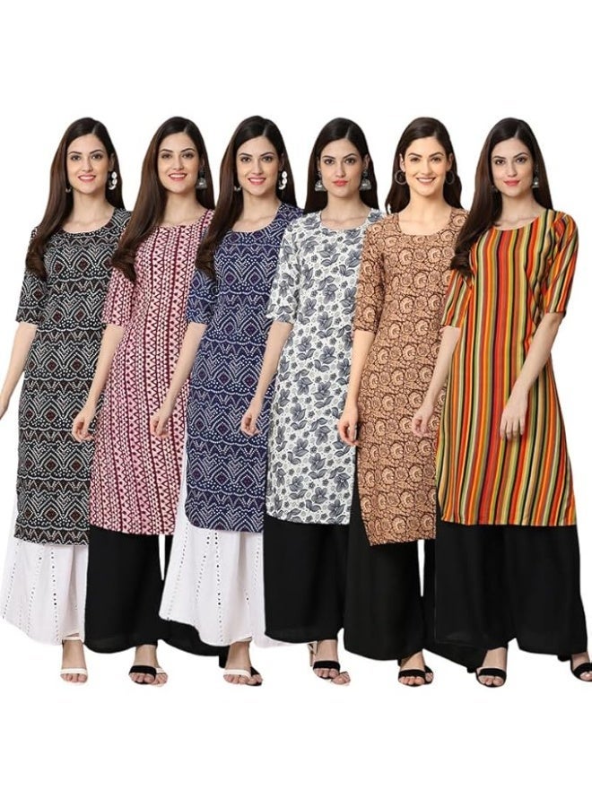 Pinkmint store Women's Crepe Print Straight Kurta [Pack of 6] M - Image 1