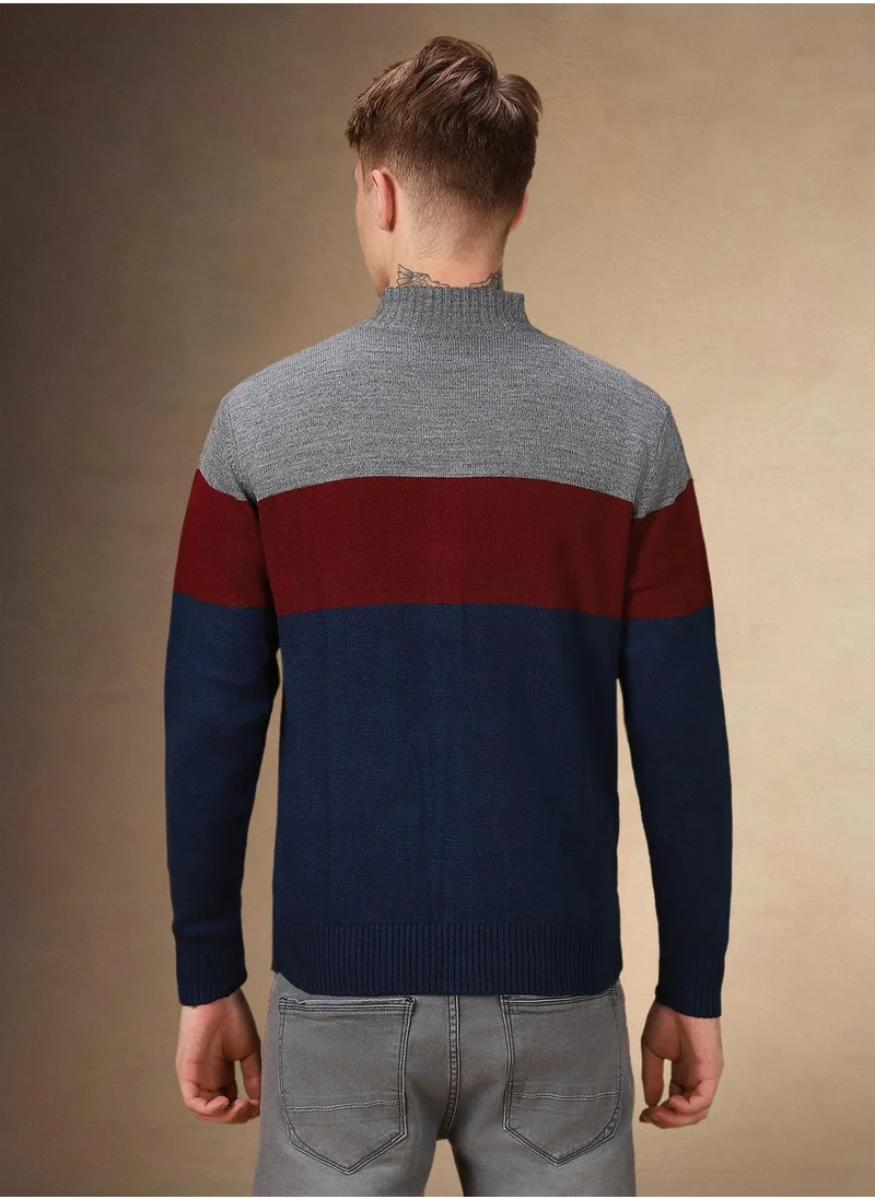 Dennis Lingo Men's Grey 100% Acrylic Colour Blocked Regular Fit Sweater