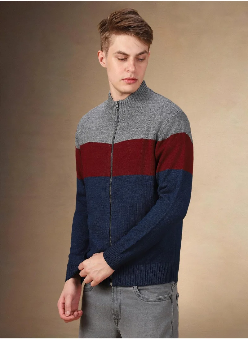 دينيس لينغو Men's Grey 100% Acrylic Colour Blocked Regular Fit Sweater