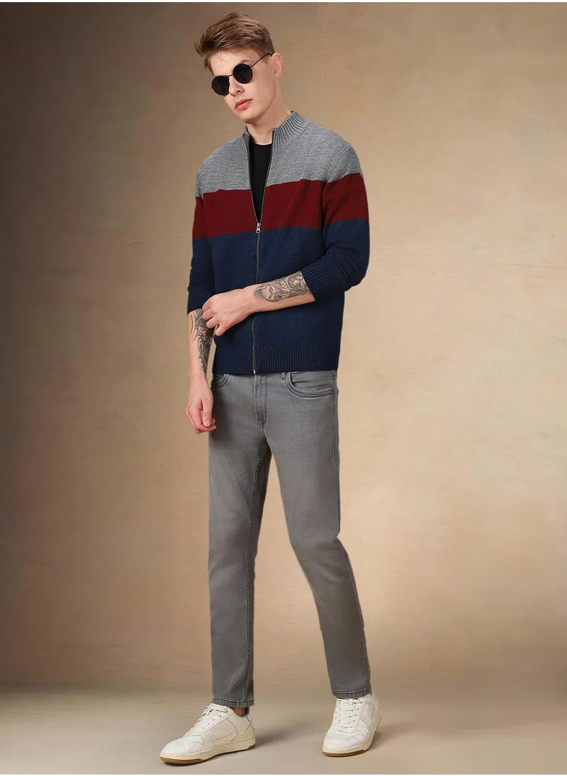 Dennis Lingo Men's Grey 100% Acrylic Colour Blocked Regular Fit Sweater