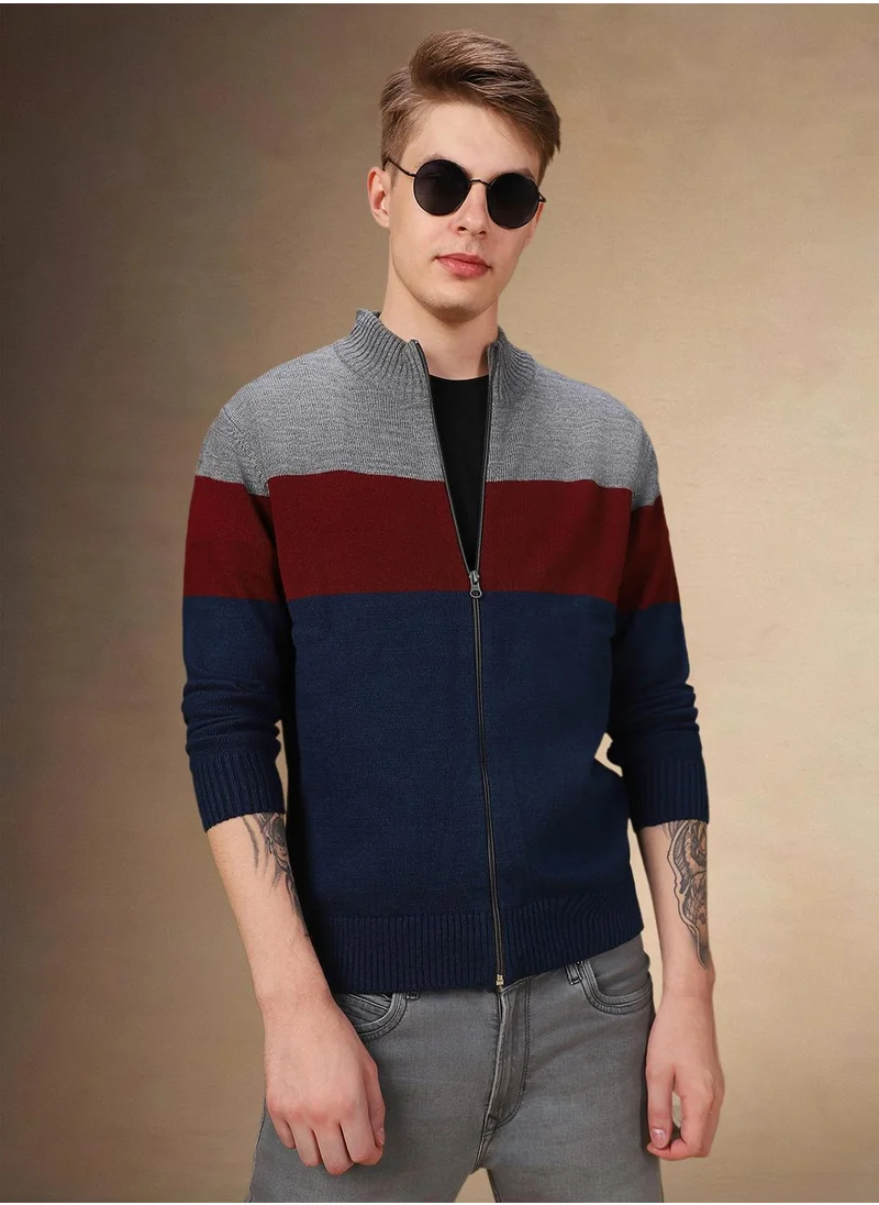 دينيس لينغو Men's Grey 100% Acrylic Colour Blocked Regular Fit Sweater