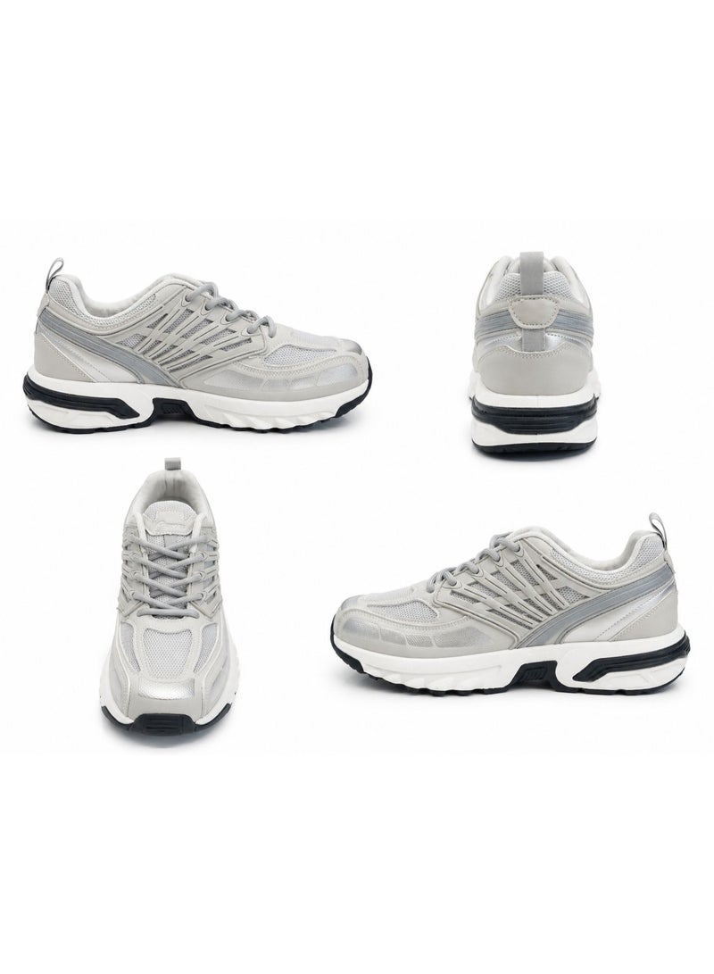 K Shoes Men's Chunky Running Sneakers, Grey and White, Mesh and Synthetic Upper, Lace-Up Style. - Image 3