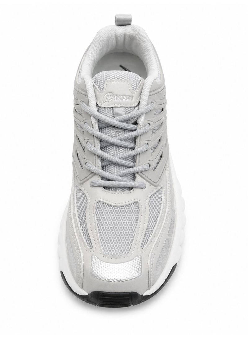 K Shoes Men's Chunky Running Sneakers, Grey and White, Mesh and Synthetic Upper, Lace-Up Style. - Image 2