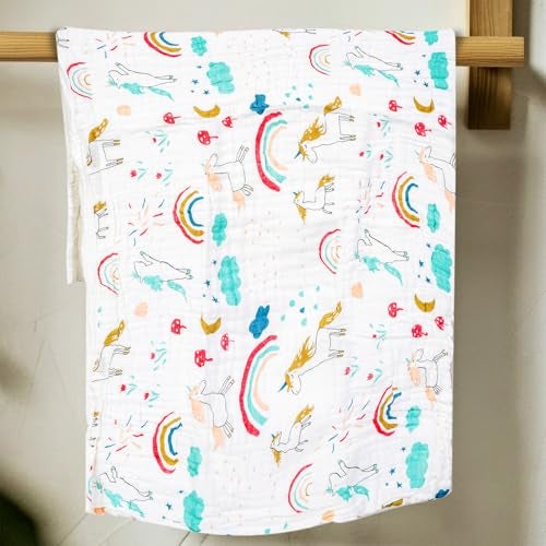 BASEEFY Muslin Baby Bath Towel for Newborns – 6 Layer Premium Cotton, Super Soft, Breathable & Highly Absorbent, Gentle on Sensitive Skin for Kids (105 * 50 CM, Unicorn Design) - Image 1