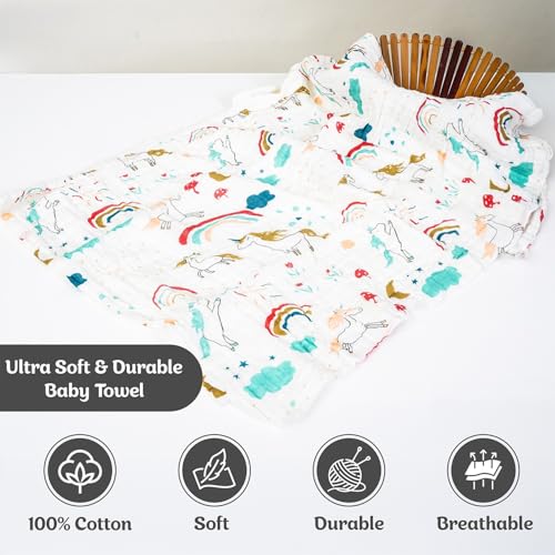 BASEEFY Muslin Baby Bath Towel for Newborns – 6 Layer Premium Cotton, Super Soft, Breathable & Highly Absorbent, Gentle on Sensitive Skin for Kids (105 * 50 CM, Unicorn Design) - Image 3