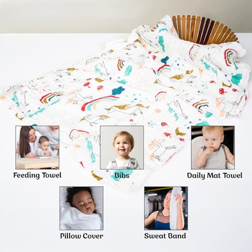 BASEEFY Muslin Baby Bath Towel for Newborns – 6 Layer Premium Cotton, Super Soft, Breathable & Highly Absorbent, Gentle on Sensitive Skin for Kids (105 * 50 CM, Unicorn Design) - Image 4