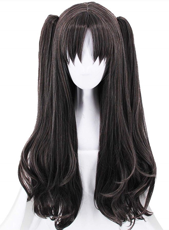 ANOGOL Hair Cap+Black Brown Long Natural Clip on Double Ponytails Cosplay Wig for Women Anime Costume Hair Wigs For Women Girls Men Boys Dress Up Costume Party For Halloween Wig - Image 1