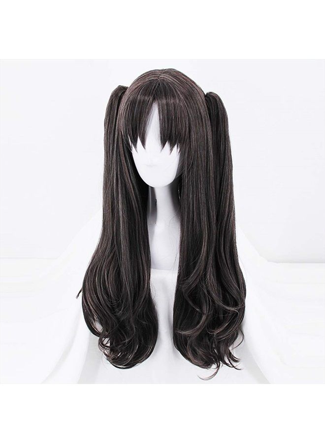 ANOGOL Hair Cap+Black Brown Long Natural Clip on Double Ponytails Cosplay Wig for Women Anime Costume Hair Wigs For Women Girls Men Boys Dress Up Costume Party For Halloween Wig - Image 2