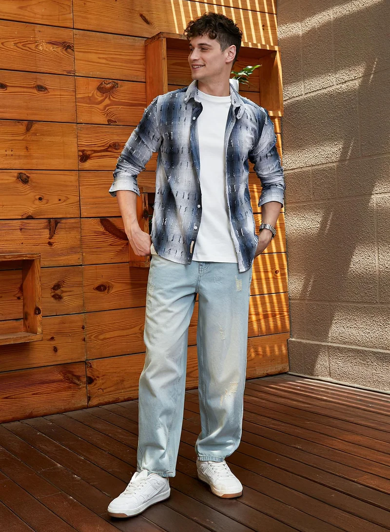 كامبوس سوترا Men's Navy Blue & Ivory White Distressed-Check Shirt