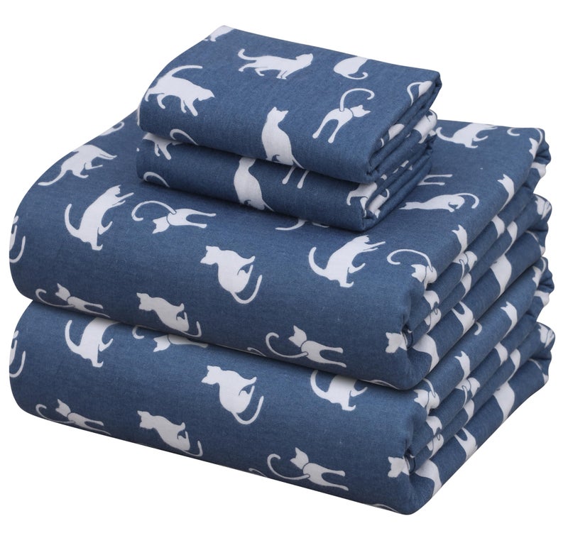ZOYER Flannel Sheets Queen Size - 100% Cotton Double Brushed Bed Sheets, Deep Pockets 16 Inches Queen Sheet Set, All Seasons Breathable & Extra Soft - Warm & Cozy, 4 Piece, White Cat - Image 1