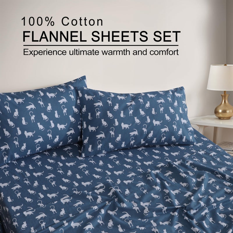 ZOYER Flannel Sheets Queen Size - 100% Cotton Double Brushed Bed Sheets, Deep Pockets 16 Inches Queen Sheet Set, All Seasons Breathable & Extra Soft - Warm & Cozy, 4 Piece, White Cat - Image 3