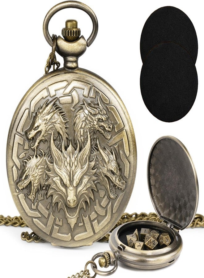 Kabinka DND Dice Set, 7pcs Mini Metal Dice with Pocket Watch Shell, Portable D&D Die with Necklace, Dungeons and Dragons Dice for RPG(Five-Headed Dragon, Bronze) - Image 1