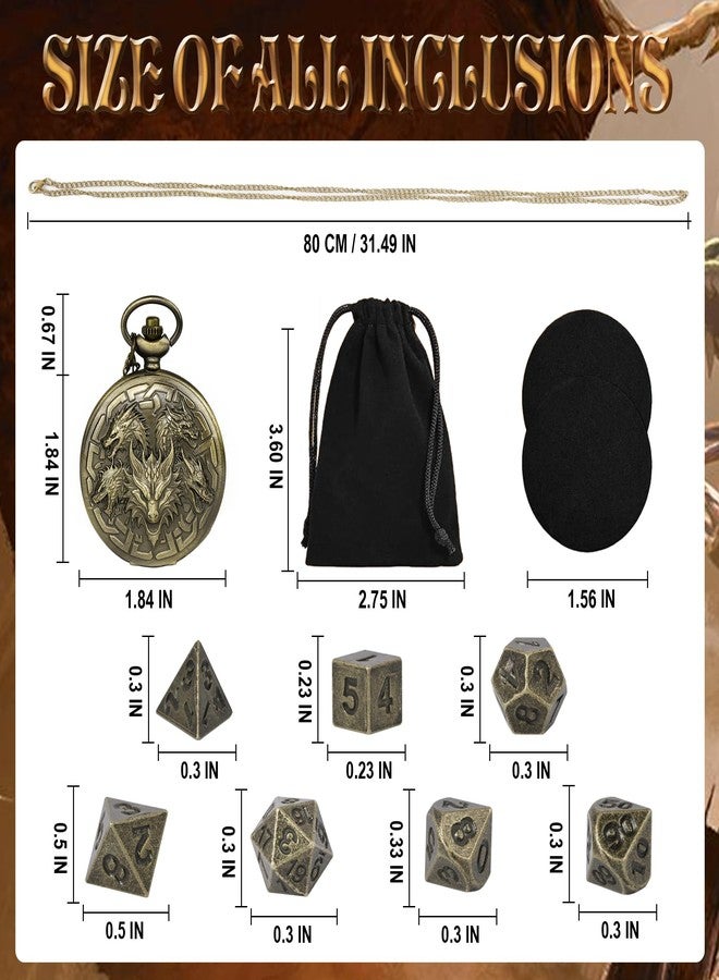 Kabinka DND Dice Set, 7pcs Mini Metal Dice with Pocket Watch Shell, Portable D&D Die with Necklace, Dungeons and Dragons Dice for RPG(Five-Headed Dragon, Bronze) - Image 2