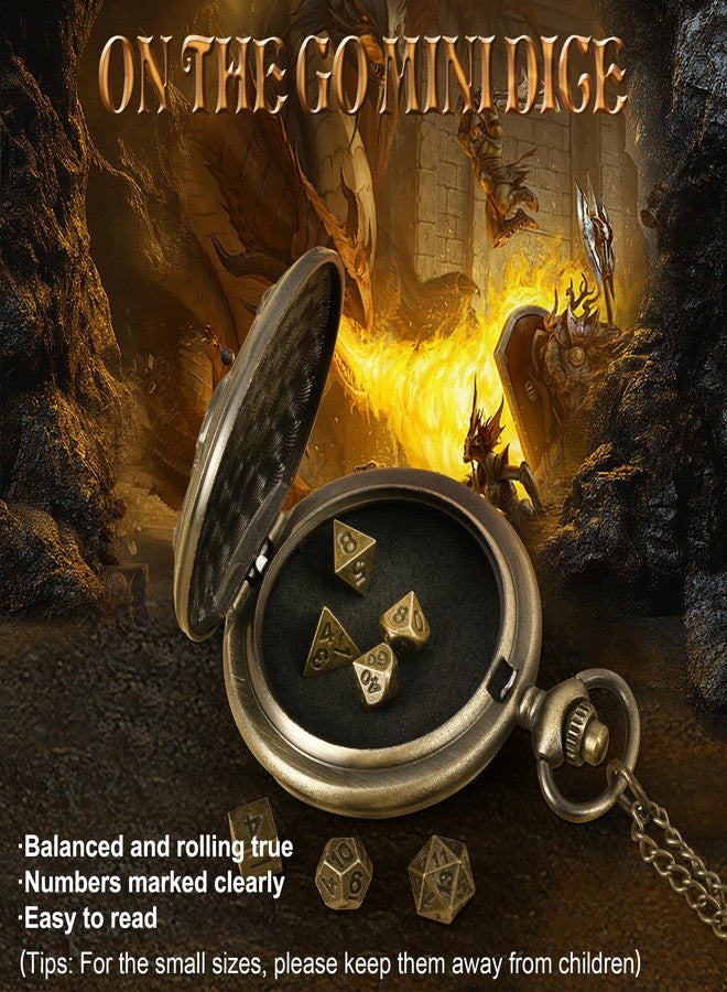 Kabinka DND Dice Set, 7pcs Mini Metal Dice with Pocket Watch Shell, Portable D&D Die with Necklace, Dungeons and Dragons Dice for RPG(Five-Headed Dragon, Bronze) - Image 5