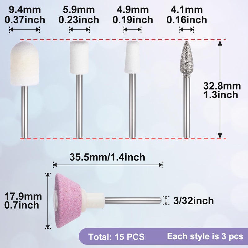 ANCIRS 15 Pcs 3/32 Inch Nail File Replacement Head Refills Set, Nail Drill Bits for Finishing Salon Electronic Manicure, Nail Manicure Pedicure Tools (5 Styles) - Image 2