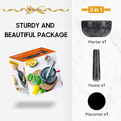 Tera Marble Mortar and Pestle Set Small Bowl Solid Stone Grinder Spice Herb Grinder Pill Crusher (Black, Diameter 4.64") - Image 3