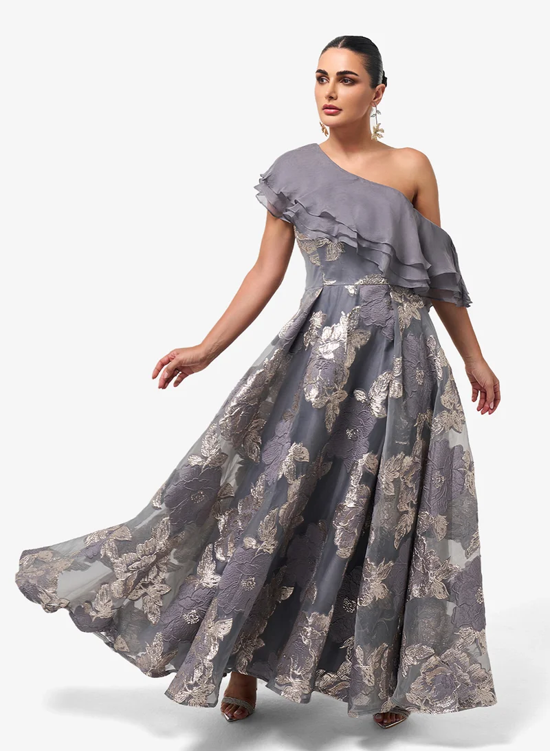 Threadz by Ajooni  Ruffle Detail Printed Maxi Dress for Women | Best Price UAE