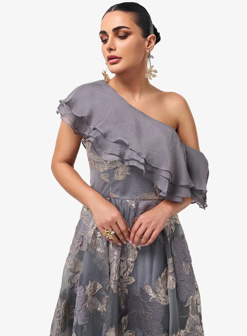 Threadz by Ajooni  Ruffle Detail Printed Maxi Dress for Women | Best Price UAE