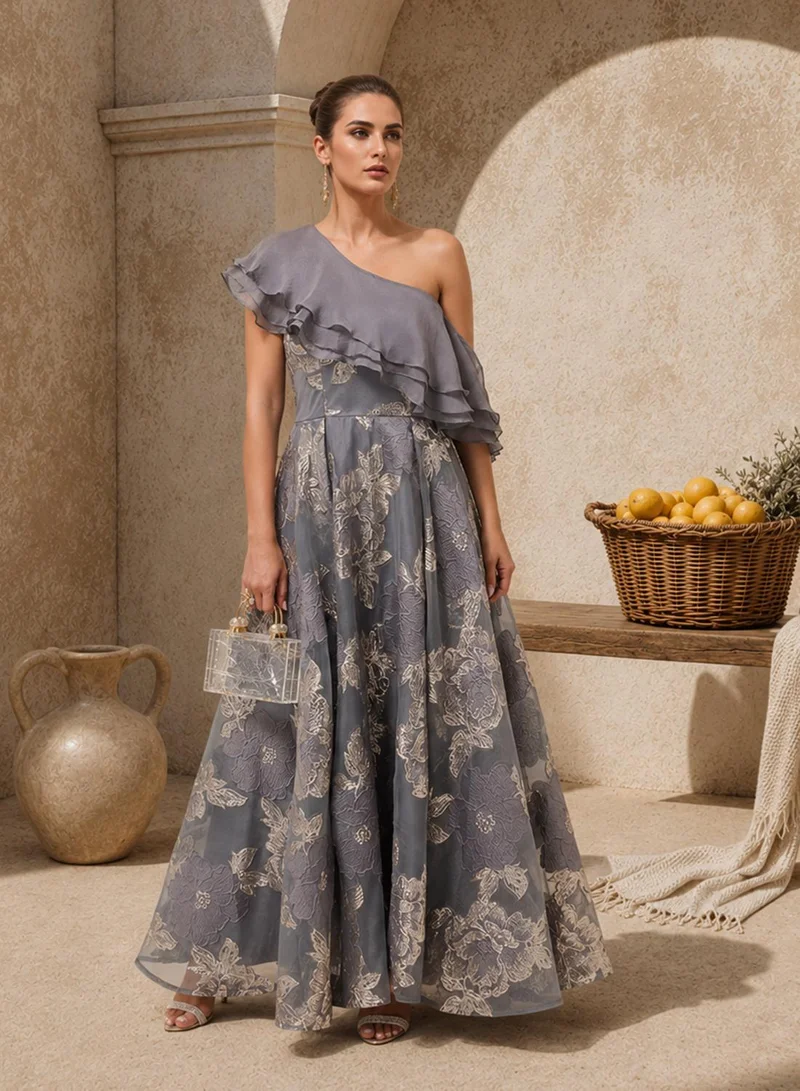 Ruffle Detail Printed Maxi Dress
