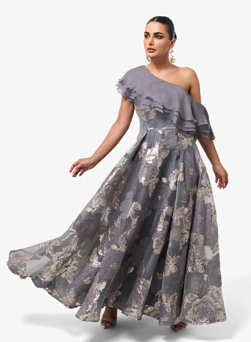 Threadz By Ajooni  Ruffle Detail Printed Maxi Dress for Women | Best Price UAE