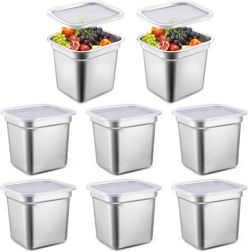 Suttmin 8 Pcs 1/6 Size Hotel Steam Table Pans with Lids, Stainless Steel Food Containers and PP Plastic Covers, Anti-clogging Steamer Pans for Buffet, Catering, Restaurant, and Food Prep(6" Deep) - Image 1