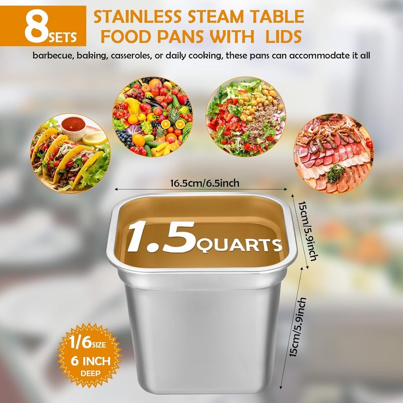 Suttmin 8 Pcs 1/6 Size Hotel Steam Table Pans with Lids, Stainless Steel Food Containers and PP Plastic Covers, Anti-clogging Steamer Pans for Buffet, Catering, Restaurant, and Food Prep(6" Deep) - Image 2