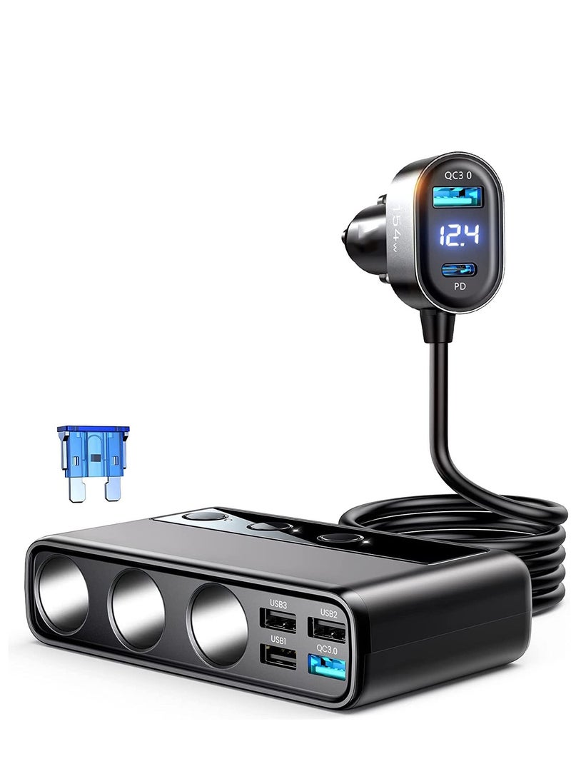 محول شاحن سيارة 9 في 1، موزع ولاعة سجائر بـ 3 مقابس مع شحن سريع مزدوج PD/QC 3.0 (كابل بطول 3.3 قدم)، مفاتيح مستقلة لجميع أجهزة السيارة، شاحن منفذ DC. - Image 1