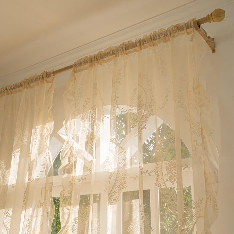 Sutuo Home Beige Lace Curtains 84 Inches Long 2 Set, Sheer Panels Rose Floral Embroidery Vintage Voile Window Treatment Pair for Bedroom Living Room, Retro Christmas Decor Rod Pocket, W57 x L84 - Image 3