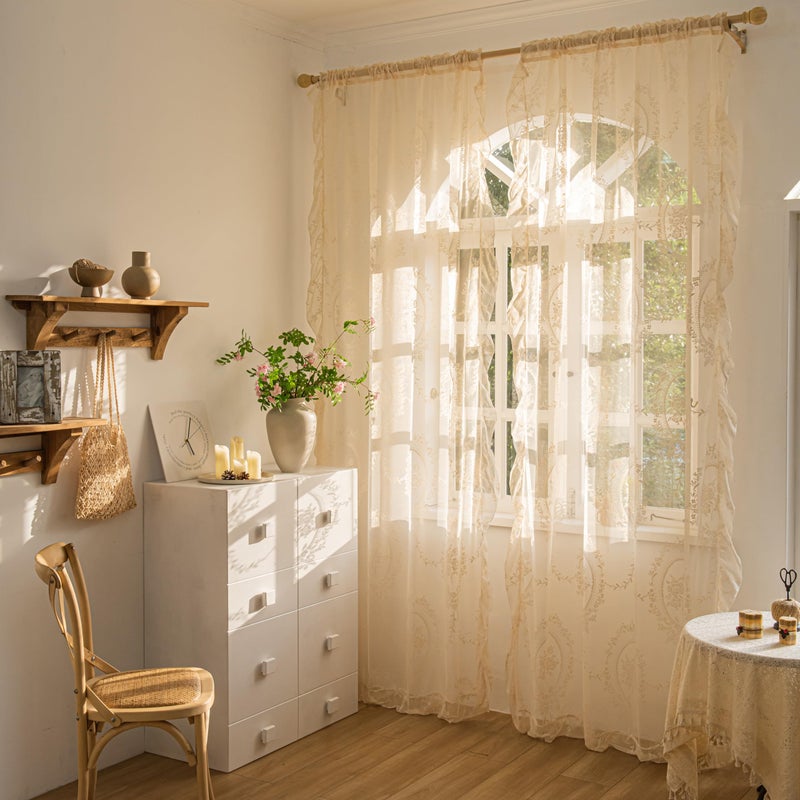 Sutuo Home Beige Lace Curtains 84 Inches Long 2 Set, Sheer Panels Rose Floral Embroidery Vintage Voile Window Treatment Pair for Bedroom Living Room, Retro Christmas Decor Rod Pocket, W57 x L84 - Image 2