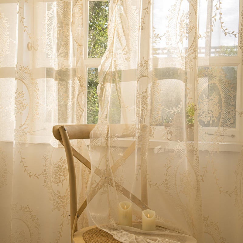 Sutuo Home Beige Lace Curtains 84 Inches Long 2 Set, Sheer Panels Rose Floral Embroidery Vintage Voile Window Treatment Pair for Bedroom Living Room, Retro Christmas Decor Rod Pocket, W57 x L84 - Image 5