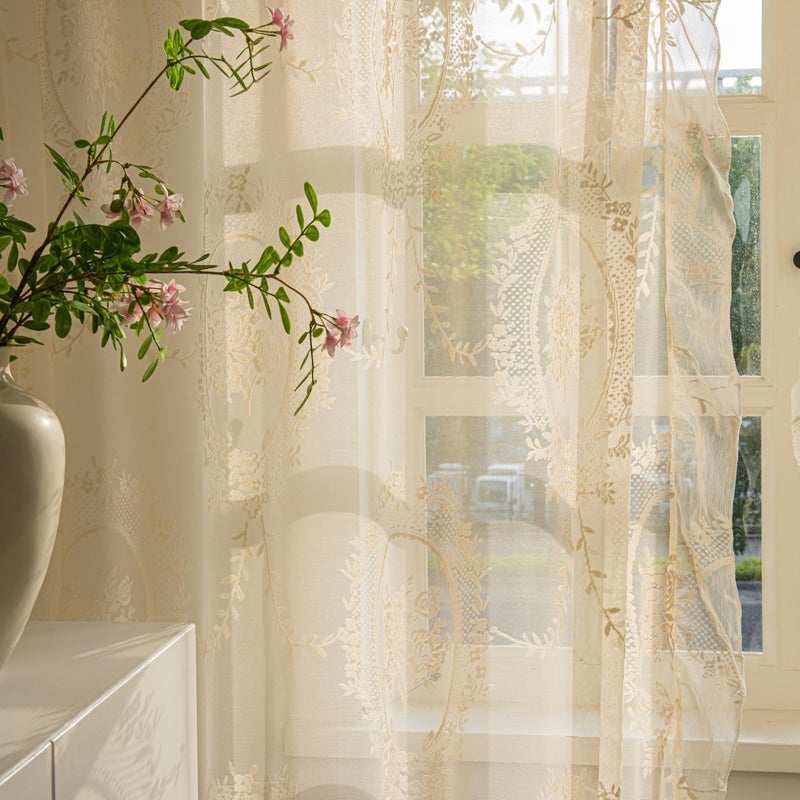 Sutuo Home Beige Lace Curtains 84 Inches Long 2 Set, Sheer Panels Rose Floral Embroidery Vintage Voile Window Treatment Pair for Bedroom Living Room, Retro Christmas Decor Rod Pocket, W57 x L84 - Image 4