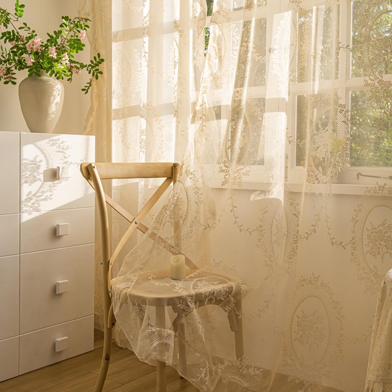 Sutuo Home Beige Lace Curtains 84 Inches Long 2 Set, Sheer Panels Rose Floral Embroidery Vintage Voile Window Treatment Pair for Bedroom Living Room, Retro Christmas Decor Rod Pocket, W57 x L84 - Image 1