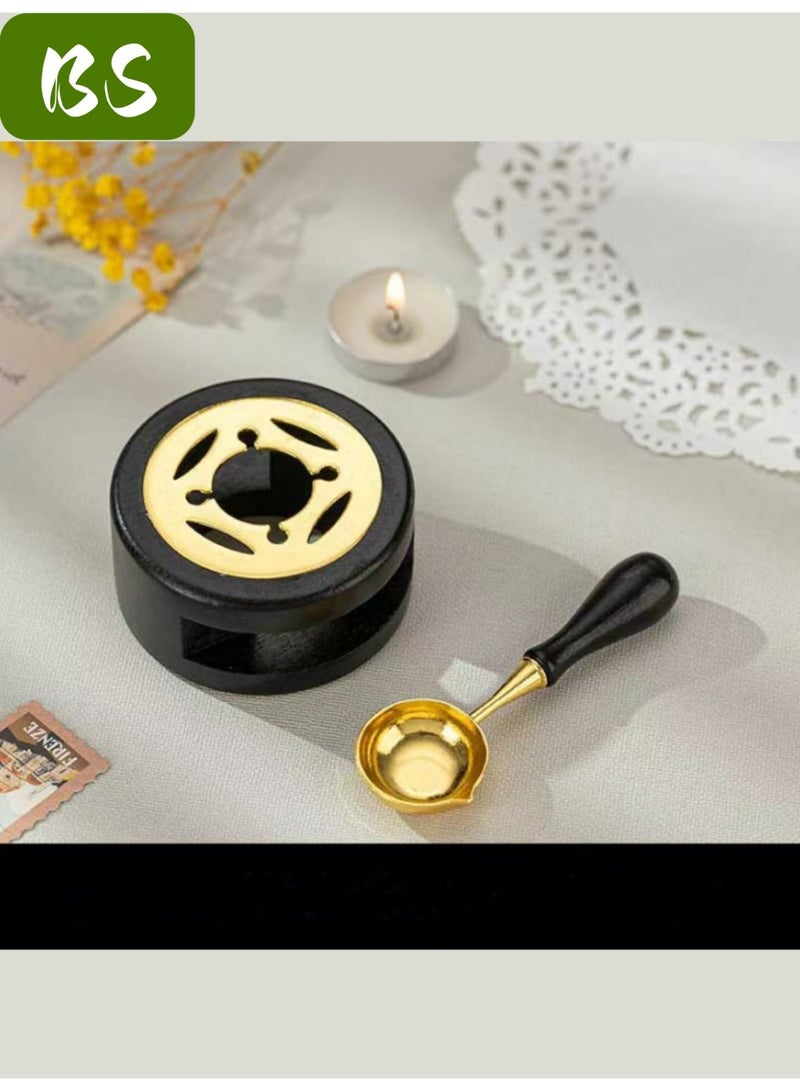 بي إس مجموعة ختم الشمع المكونة من سبع قطع | سخان ختم الشمع الخشبي العتيق | يتضمن (1 سخان ختم الشمع، 1 ملعقة إذابة الشمع المقاومة للحروق، 1 مقبض ختم، 1 رأس ختم حظ سعيد، 1 محرك نوتة موسيقية ذهبية، 10 شموع، 180 خرزة ختم الشمع) | أداة تسخين إذابة الشمع | مثالية للهدايا والرسائل ودعوات الزفاف ودعوات الحفلات وسجلات القصاصات والحرف اليدوية. - Image 3