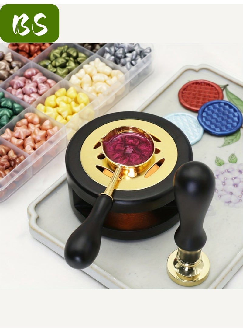 بي إس مجموعة ختم الشمع المكونة من سبع قطع | سخان ختم الشمع الخشبي العتيق | يتضمن (1 سخان ختم الشمع، 1 ملعقة إذابة الشمع المقاومة للحروق، 1 مقبض ختم، 1 رأس ختم حظ سعيد، 1 محرك نوتة موسيقية ذهبية، 10 شموع، 180 خرزة ختم الشمع) | أداة تسخين إذابة الشمع | مثالية للهدايا والرسائل ودعوات الزفاف ودعوات الحفلات وسجلات القصاصات والحرف اليدوية. - Image 1