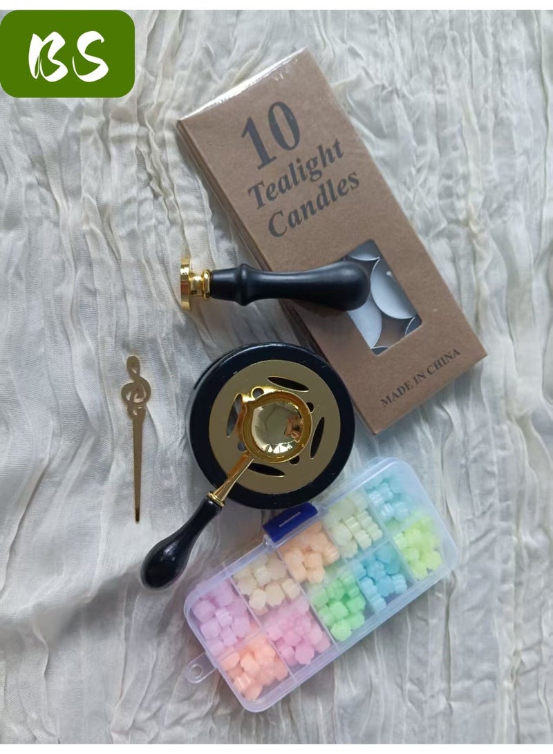 بي إس مجموعة ختم الشمع المكونة من سبع قطع | سخان ختم الشمع الخشبي العتيق | يتضمن (1 سخان ختم الشمع، 1 ملعقة إذابة الشمع المقاومة للحروق، 1 مقبض ختم، 1 رأس ختم حظ سعيد، 1 محرك نوتة موسيقية ذهبية، 10 شموع، 180 خرزة ختم الشمع) | أداة تسخين إذابة الشمع | مثالية للهدايا والرسائل ودعوات الزفاف ودعوات الحفلات وسجلات القصاصات والحرف اليدوية. - Image 2