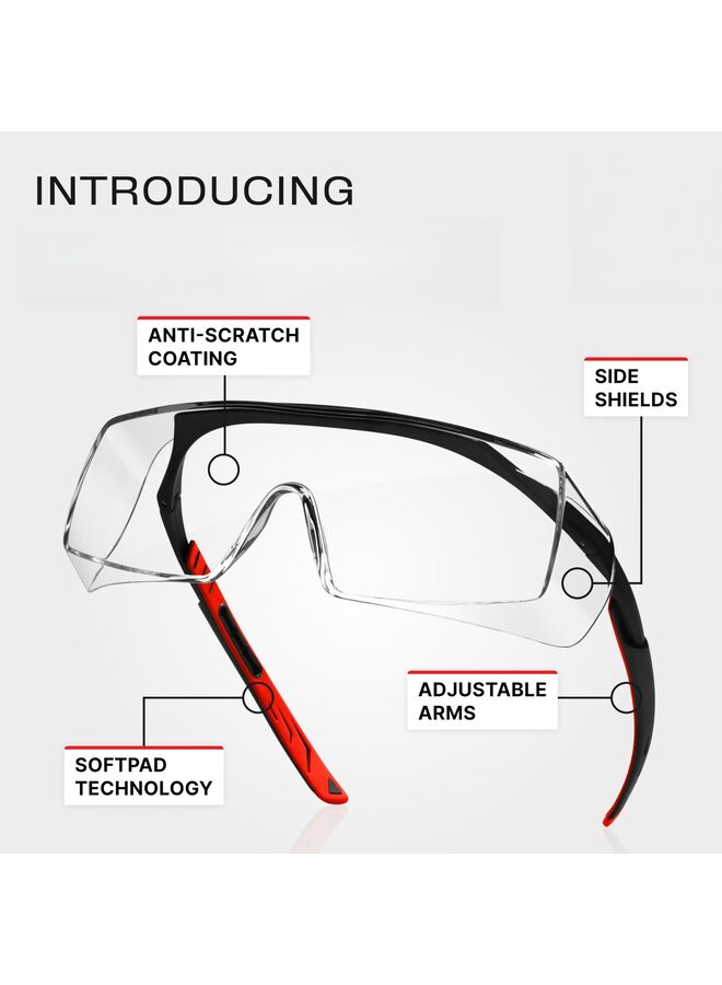 Anti Fog Safety Glasses that Fit Over Glasses with Scratch Resistant Lens Over Glasses Safety Glasses for Men and Women with Adjustable Temples (Red) - Image 1