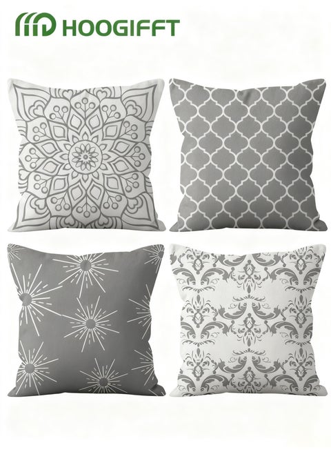 Luxury Set of 4 Double-Sided Pillow Covers (45x45 cm), Modern Geometric & Mandala Pattern, Short Velvet Fabric for Sofa, Bedroom Decor - Elegant & Durable