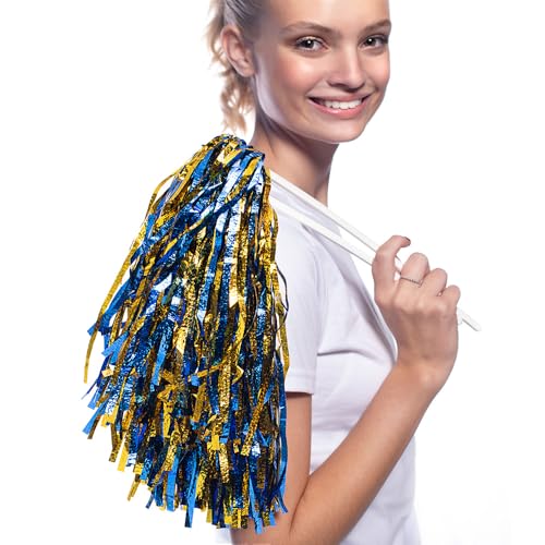 Anderson's Metallic Blue and Gold Foil Textured School Spirit Shakers, Cheerleader Pom Poms, Football, Basketball, Homecoming Squad, Team, Party, Dance, Club, Performance, Fan Celebration Pack of 10 - Image 2