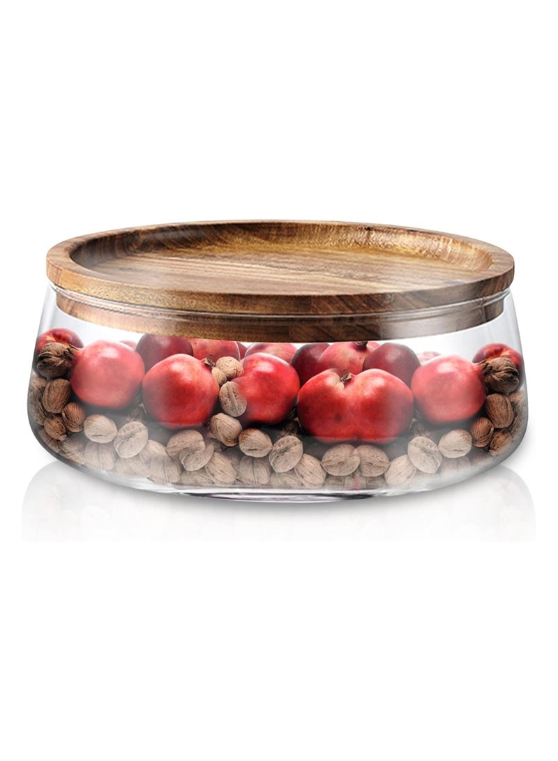 عام **وعاء تخزين طعام زجاجي كبير بغطاء خشبي. وعاء زجاجي محكم الإغلاق للوجبات الخفيفة، المكسرات، الحلويات، الفواكه، الحبوب، والسلطات. وعاء مطبخ دائري زخرفي للمخازن وأسطح العمل.** - Image 1
