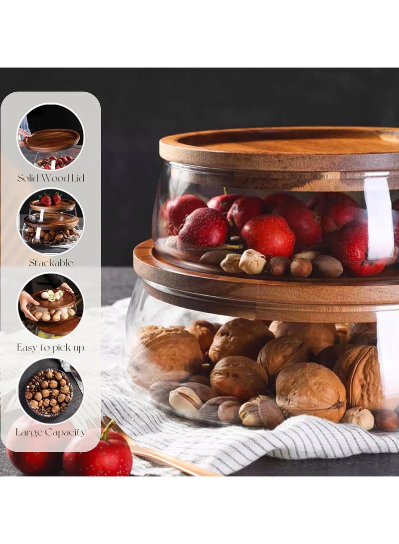 عام **وعاء تخزين طعام زجاجي كبير بغطاء خشبي. وعاء زجاجي محكم الإغلاق للوجبات الخفيفة، المكسرات، الحلويات، الفواكه، الحبوب، والسلطات. وعاء مطبخ دائري زخرفي للمخازن وأسطح العمل.** - Image 3