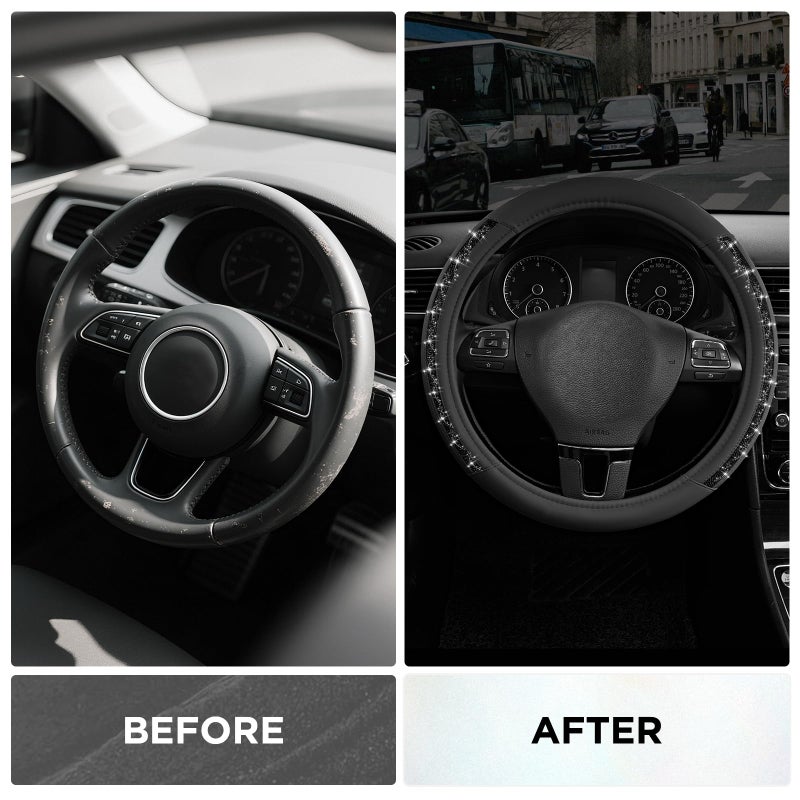 Road Comforts Steering Wheel Cover, Glitter Bling Leather Wheel Cover, Universal Fit 14.5"-15.5" Steering Wheels for Women & Girls, Anti-Slip Car Wheel Protector for Cars, Trucks, Vans, SUVs-Black - Image 3