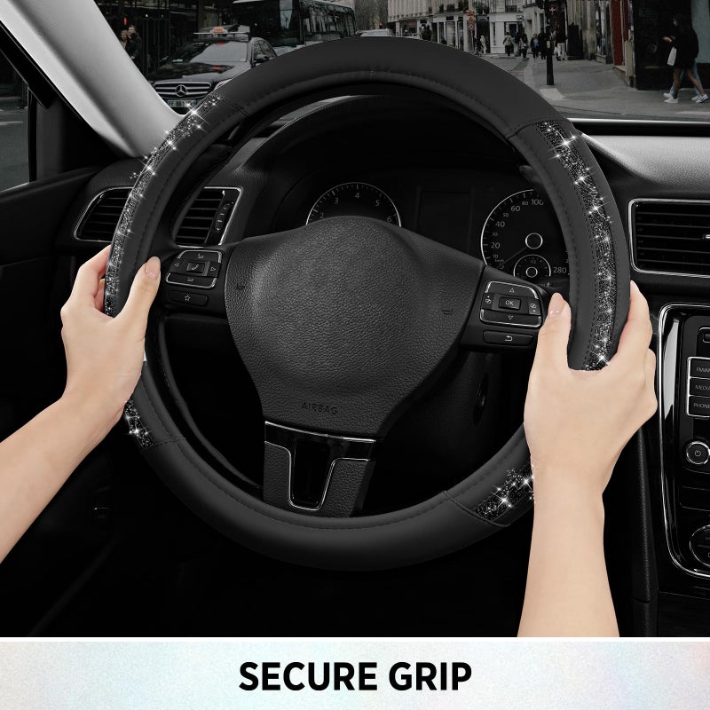 Road Comforts Steering Wheel Cover, Glitter Bling Leather Wheel Cover, Universal Fit 14.5"-15.5" Steering Wheels for Women & Girls, Anti-Slip Car Wheel Protector for Cars, Trucks, Vans, SUVs-Black - Image 5