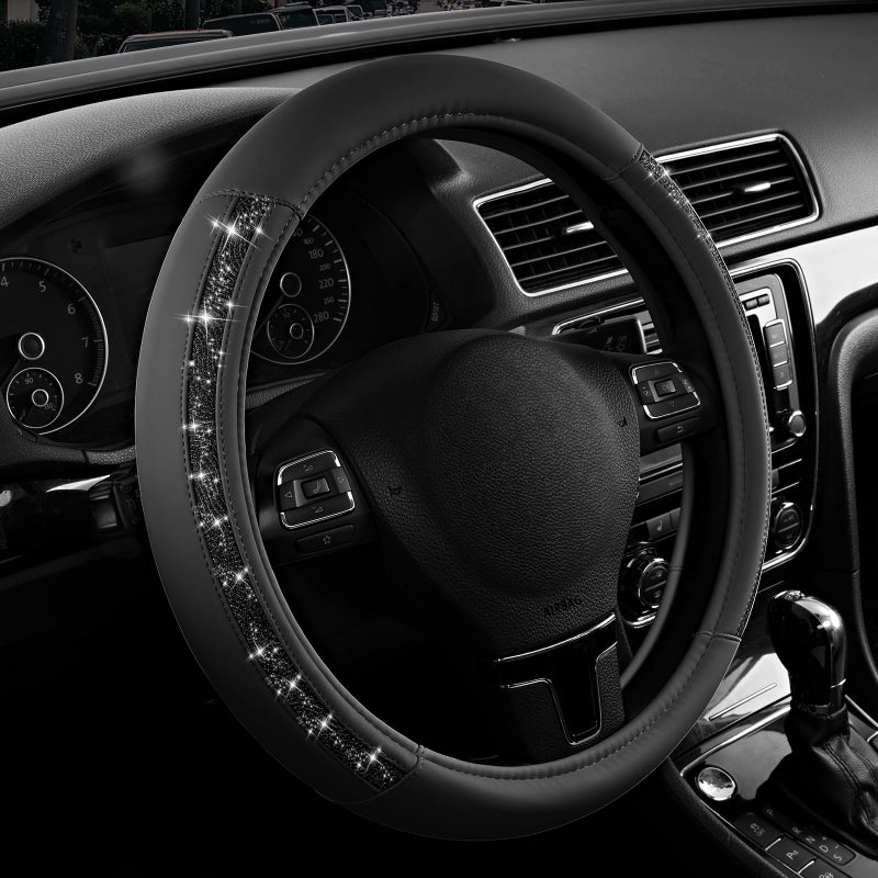 Road Comforts Steering Wheel Cover, Glitter Bling Leather Wheel Cover, Universal Fit 14.5"-15.5" Steering Wheels for Women & Girls, Anti-Slip Car Wheel Protector for Cars, Trucks, Vans, SUVs-Black - Image 1