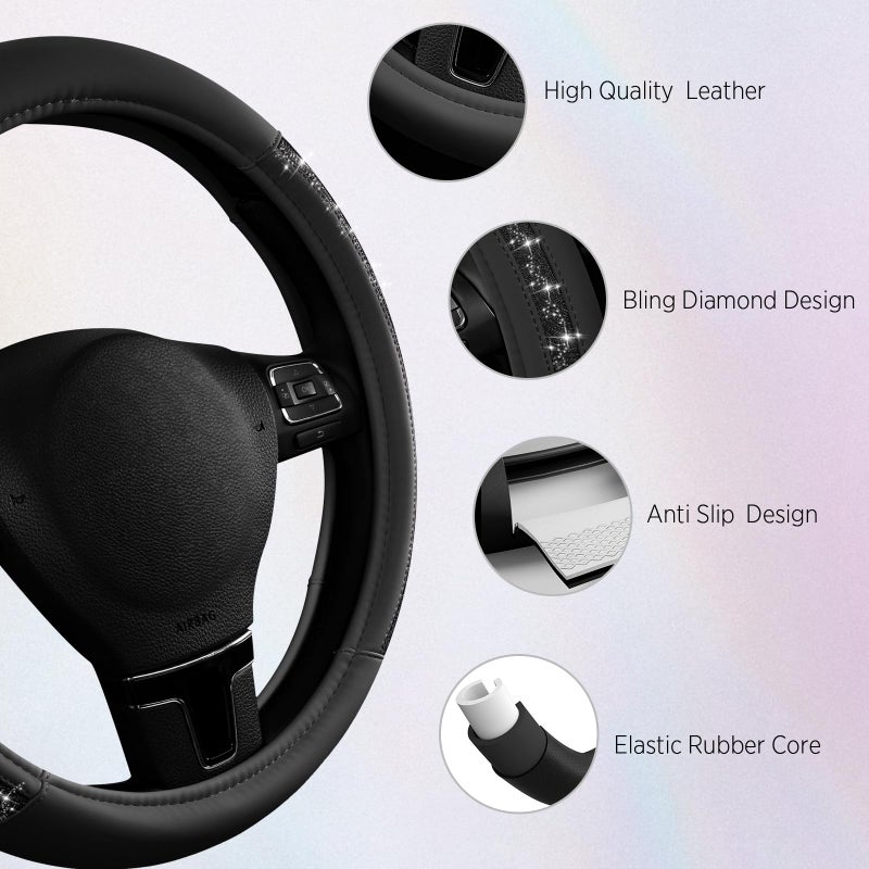 Road Comforts Steering Wheel Cover, Glitter Bling Leather Wheel Cover, Universal Fit 14.5"-15.5" Steering Wheels for Women & Girls, Anti-Slip Car Wheel Protector for Cars, Trucks, Vans, SUVs-Black - Image 4